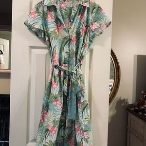 Tommy Bahama Green and Pink Casual Button Down Dress